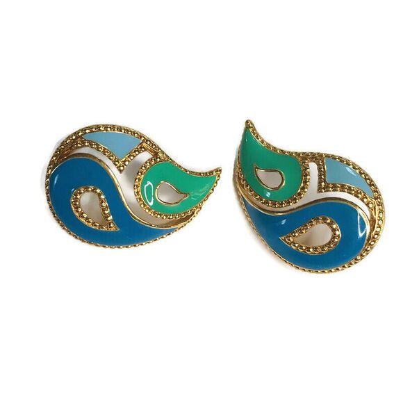 Unbranded Jewelry - Gold Tone Teardrop Shape Enamel Cloissone Pierced Earrings Blue Green